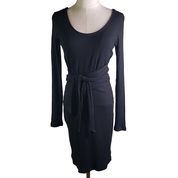 Otis & Maclain Wrap Fitted Ribbed‎ Mini Dress S Black Long Sleeve Scoop Neck - Picture 1 of 9